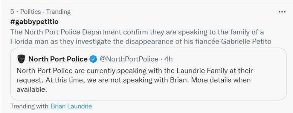 Gabby Petito and her fiance Brian Laundrie trending on Twitter on Sept. 17, 2021.