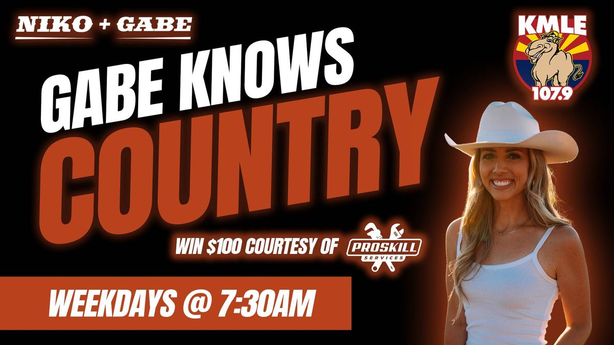 "Gabe Knows Country" radio show on KMLE 107.9. Gabe (in hat) hosts, win $100!
