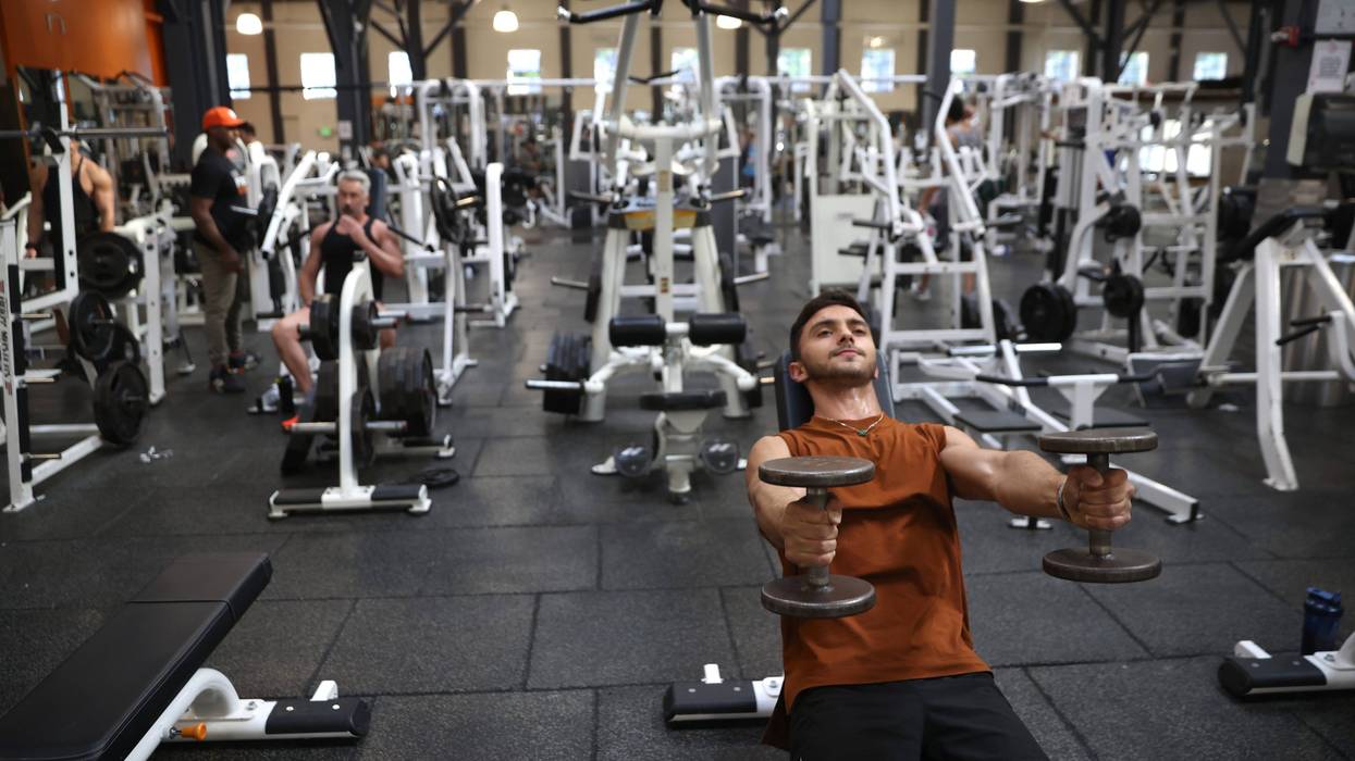 Gabriel Carvalho works out without a face mask a Fitness SF gym on October 15, 2021 in San Francisco, California.