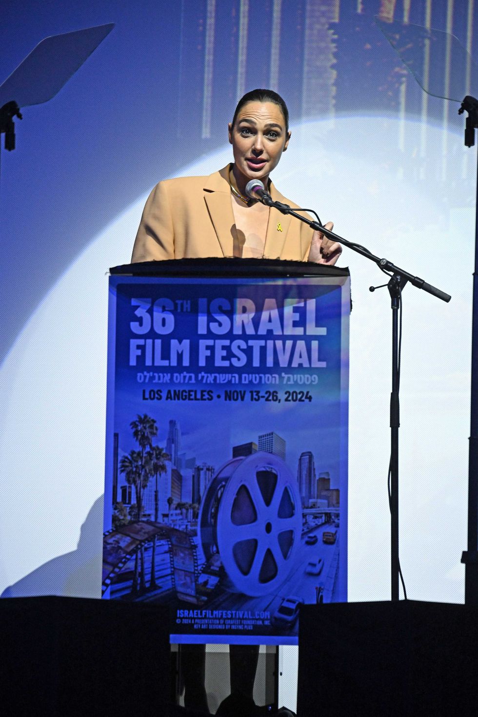 Gal Gadot speaks at the opening night gala for the 36th Israel Film Festival at Saban Theatre on November 13, 2024 in Beverly Hills, California.