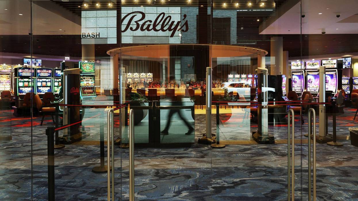 Gaming machines are visible through the main entrance to the Bally's casino at Medinah Temple, Sept. 8, 2023, in Chicago.