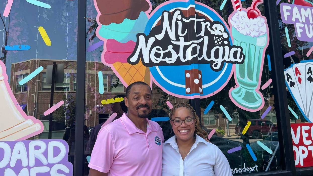 Garland and Kamillah Lucas in front of Nitro Nostalgia, which they opened in December of 2024. The ice cream shop uses liquid nitrogen to create frozen concoctions.