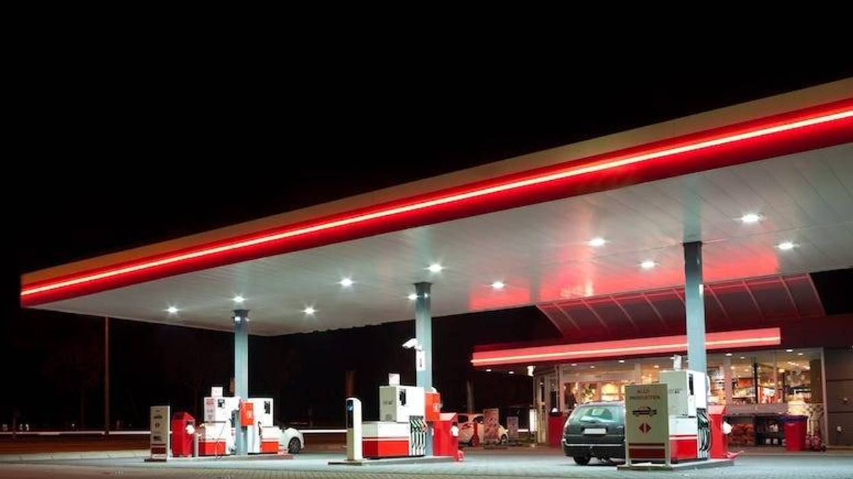 Gas Station, Pumps, Clean, Night, Neon