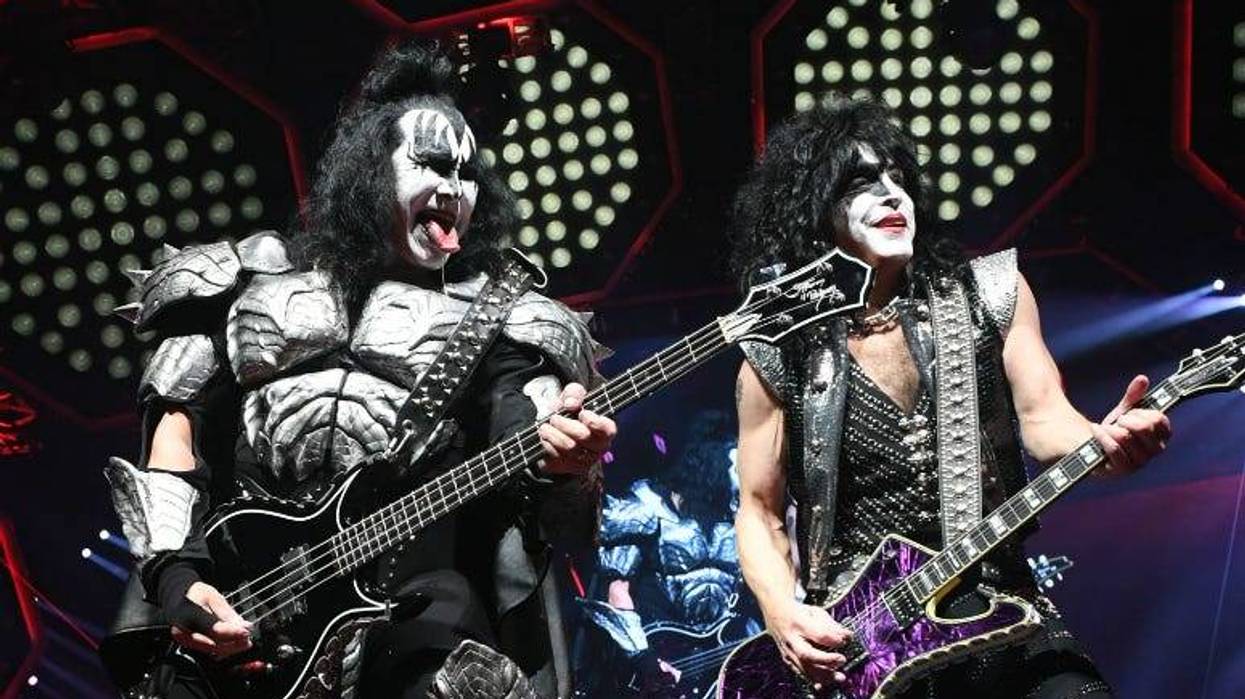Gene Simmons and Paul Stanley of KISS perform during their End Of The Road World Tour at The Forum