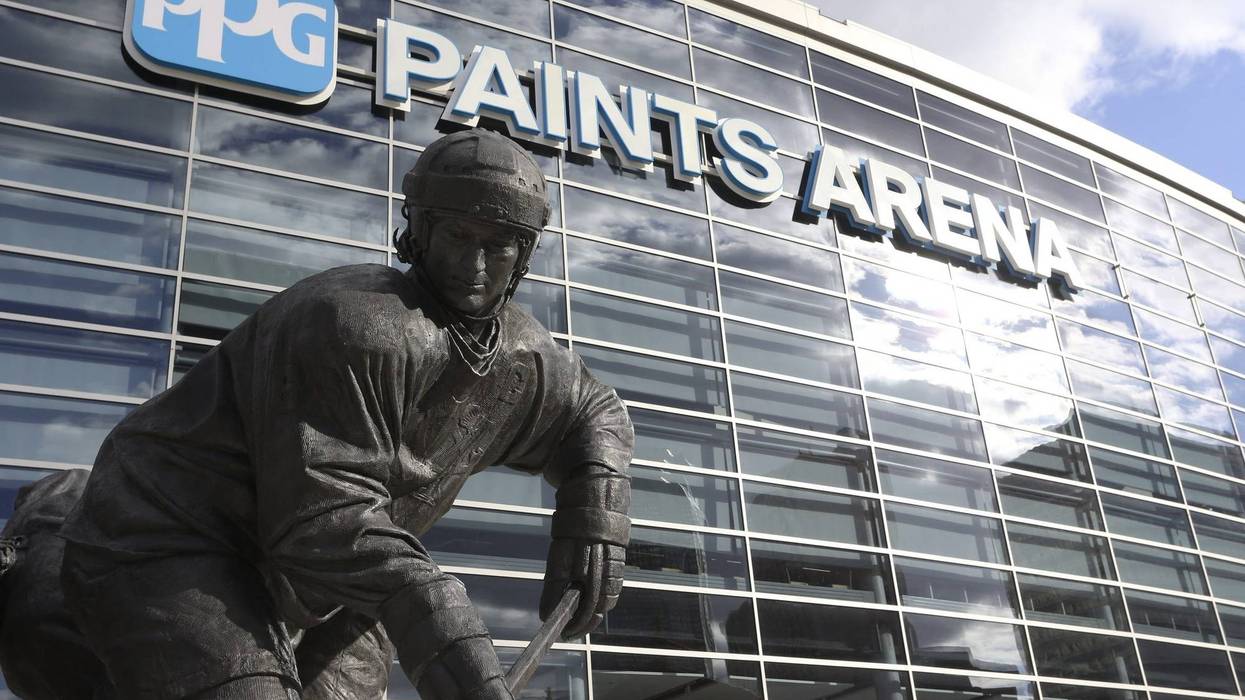 General exterior view of the Mario Lemieux statue outside the PPG PAINTS Arena