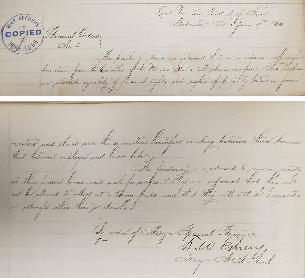 General Order No. 3 given on June 19th, 1865