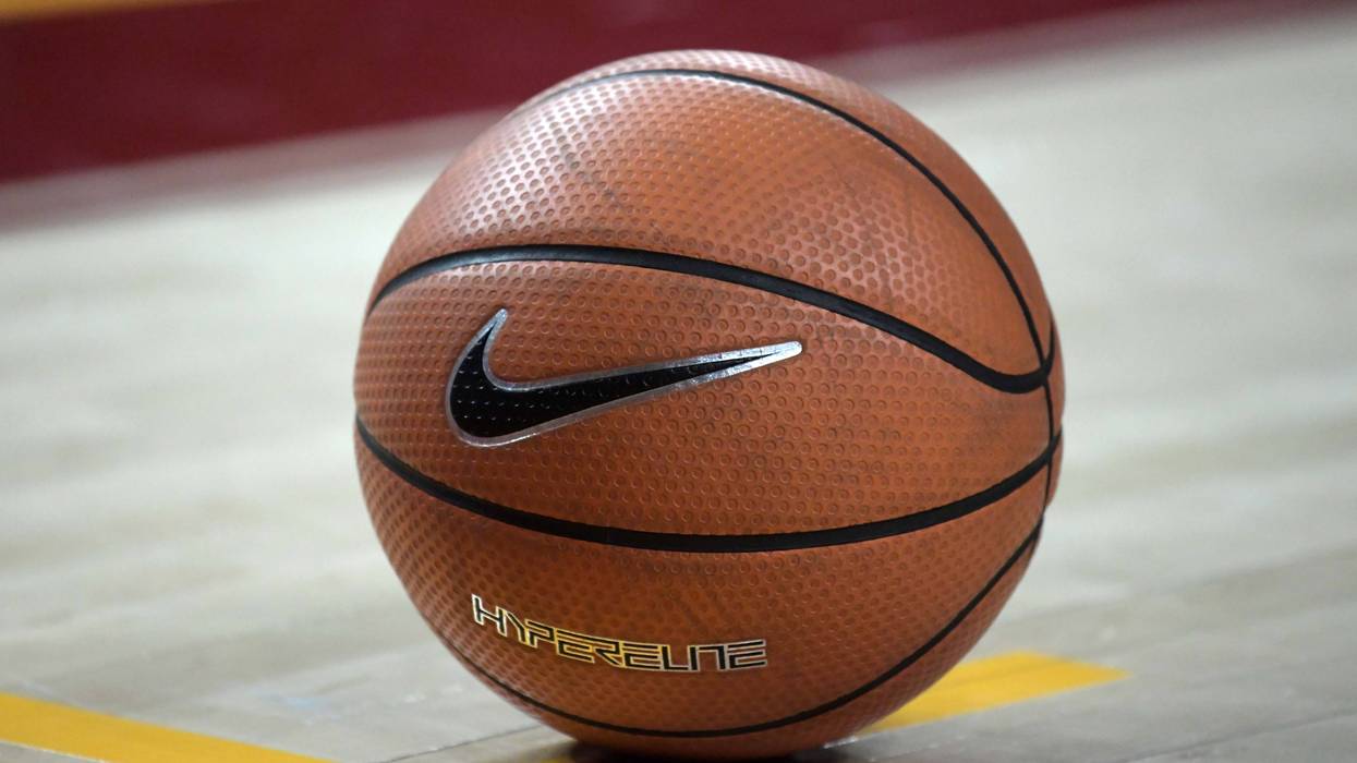 General overall view of a Nike basketball on the court during an NCAA basketball game.