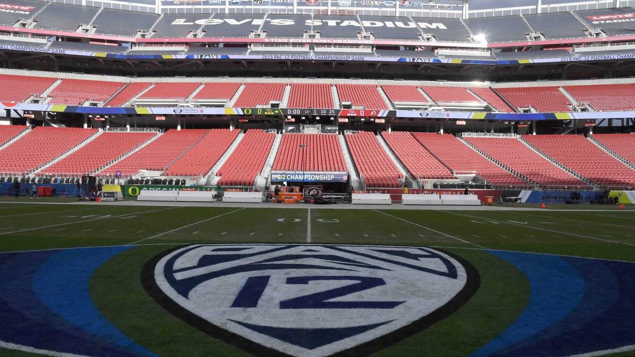 General overall view of Pac-12 logo at midfield prior to the Pac-12 Conference championship game between the Oregon Ducks and the Utah Utes at Levi's Stadium.