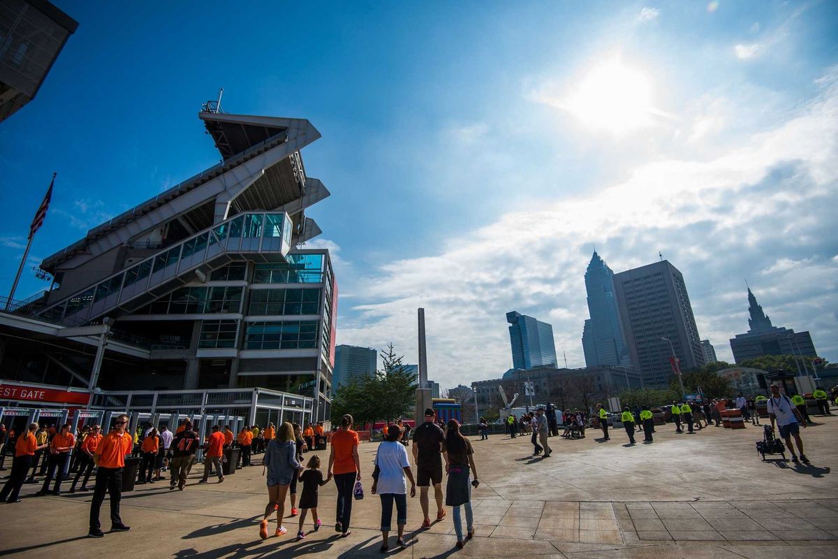 General view of FirstEnergy Stadium and downtown Cleveland before the game between the Cleveland Browns and the Baltimore Ravens.