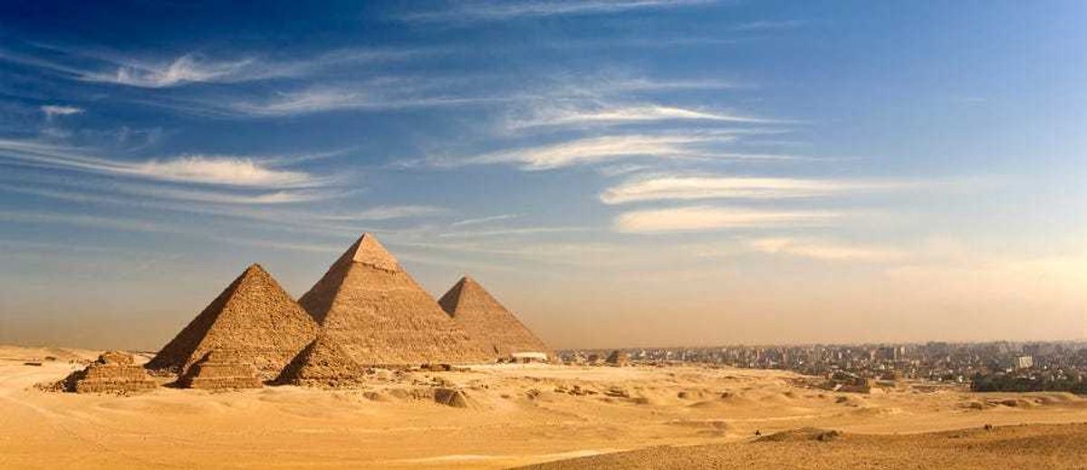 General view of pyramids and cityscape from the Giza Plateau.