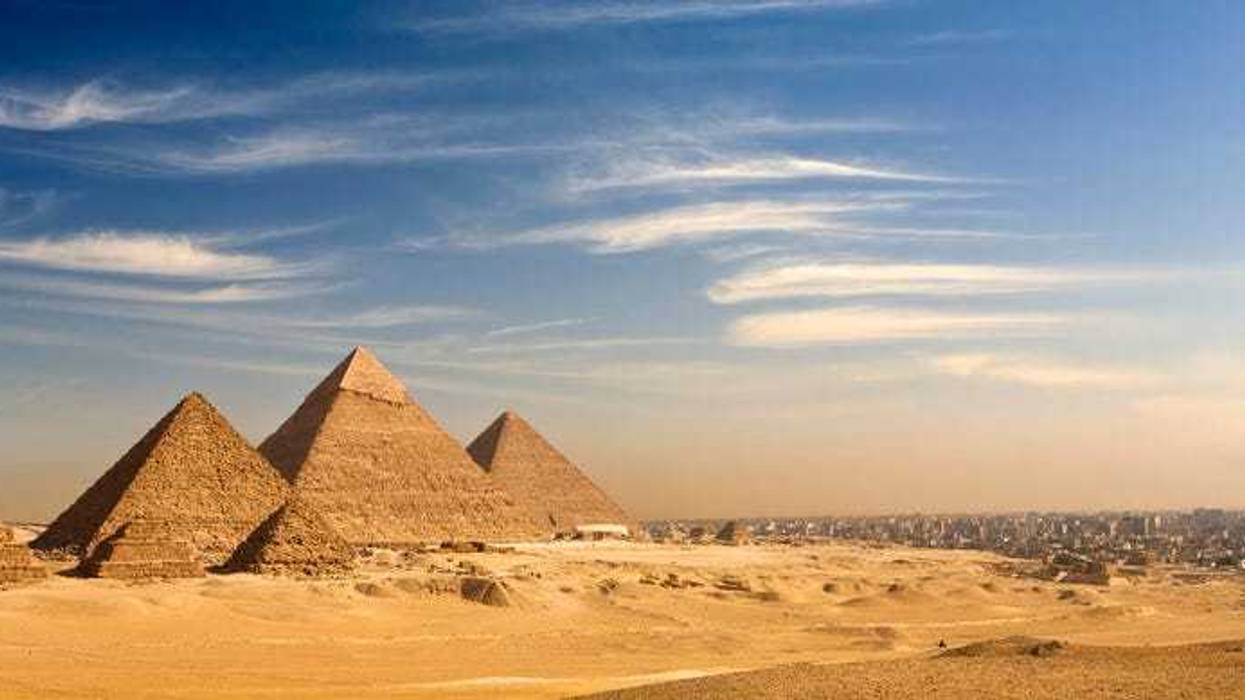 General view of pyramids and cityscape from the Giza Plateau.