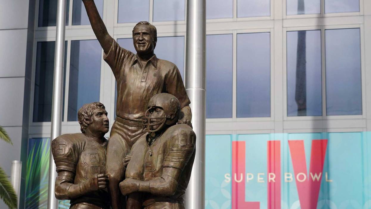 General view of statue of former Miami Dolphins coach Don Shula at Hard Rock Stadium, the site of Super Bowl LIV between the San Francisco 49ers and the Kansas City Chiefs