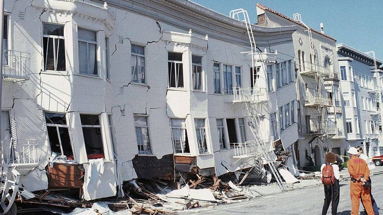 General view of the Marina district disaster zone after an earthquake, measuring 7.1 on the richter scale, rocks game three of the World Series between the Oakland A's and San Francisco Giants at Candlestick Park on October 17, 1989 in San Francisco, California.