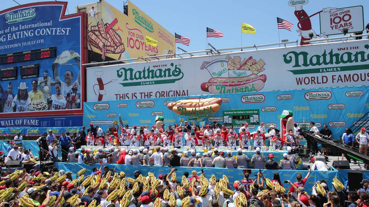 General View of the men's hot dog eating contest on July 4, 2019 in New York City