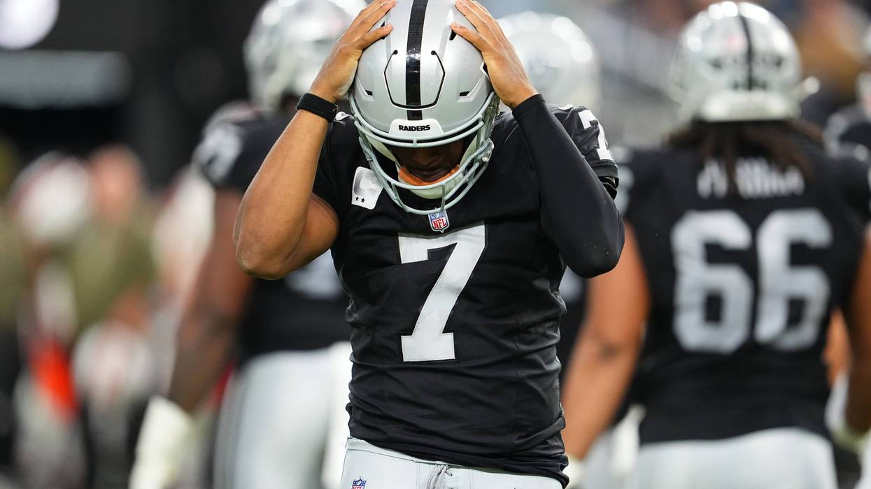 Geno Smith #7 of the Las Vegas Raiders reacts in the game against the Cleveland Browns at Allegiant Stadium on November 23, 2025 in Las Vegas, Nevada.