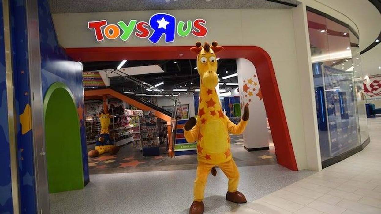 Geoffrey the Giraffe, the official mascot of Toy R Us, is seen outside of a store