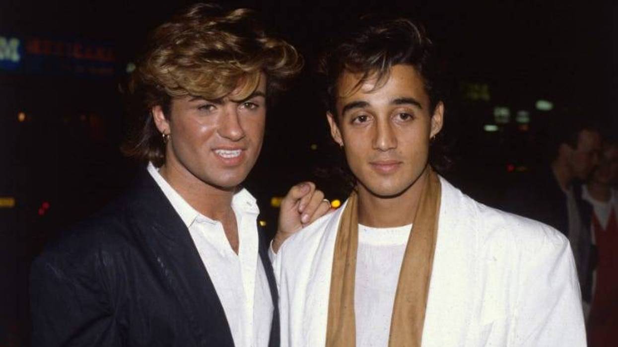George Michael, lead singer of the pop group Wham!, with the group's guitarist Andrew Ridgeley i n1984.