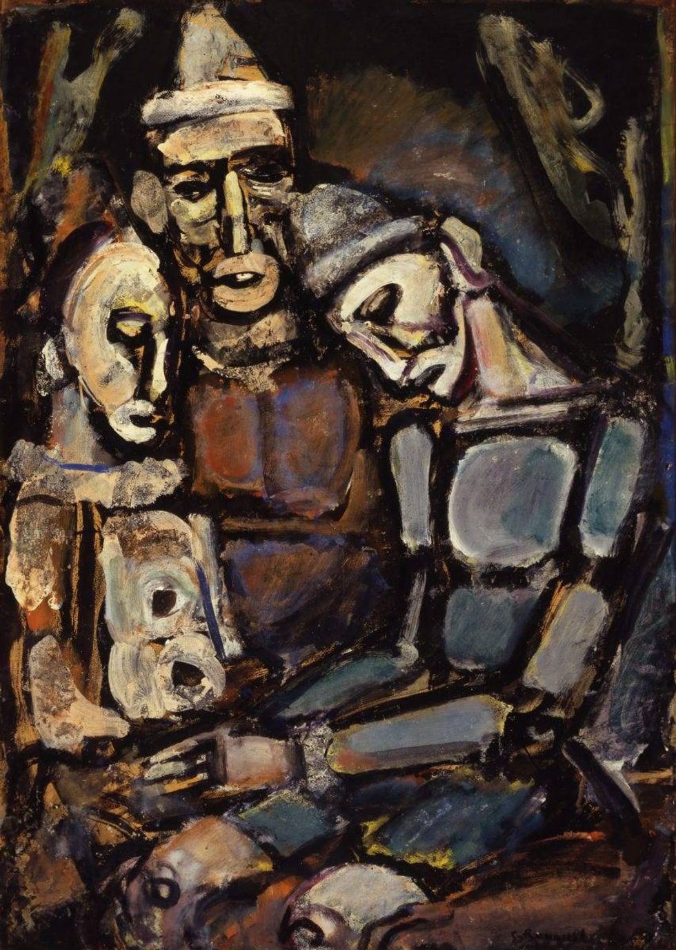 Georges Rouault, French, 1871–1958; "Three Clowns", 1917; oil on paper laid down on canvas; 41 1/2 x 29 1/2 inches; © 2021 Artists Rights Society (ARS), New York / ADAGP, Paris 2021