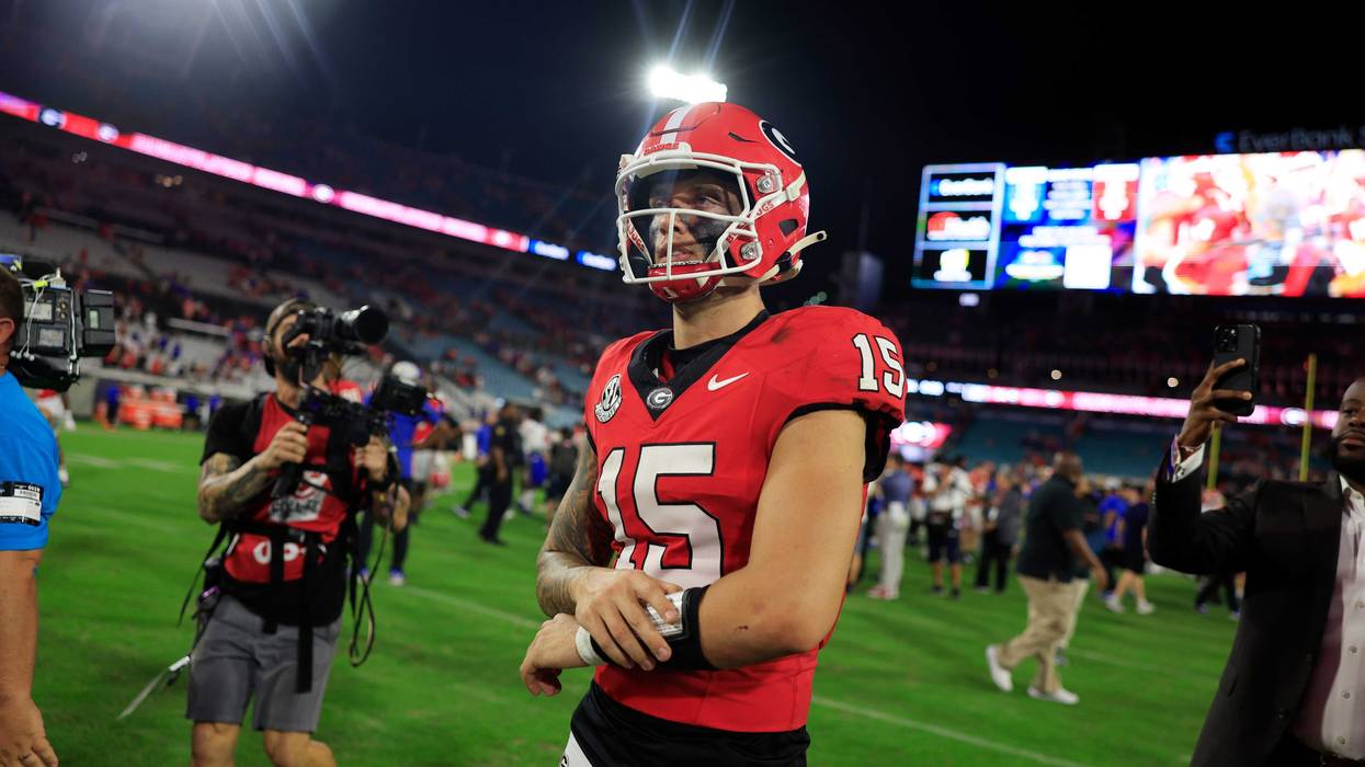 Georgia Bulldogs quarterback Carson Beck (15) walks off the field after the game of an NCAA college football matchup Saturday, Nov. 2, 2024 at EverBank Stadium in Jacksonville, Fla.