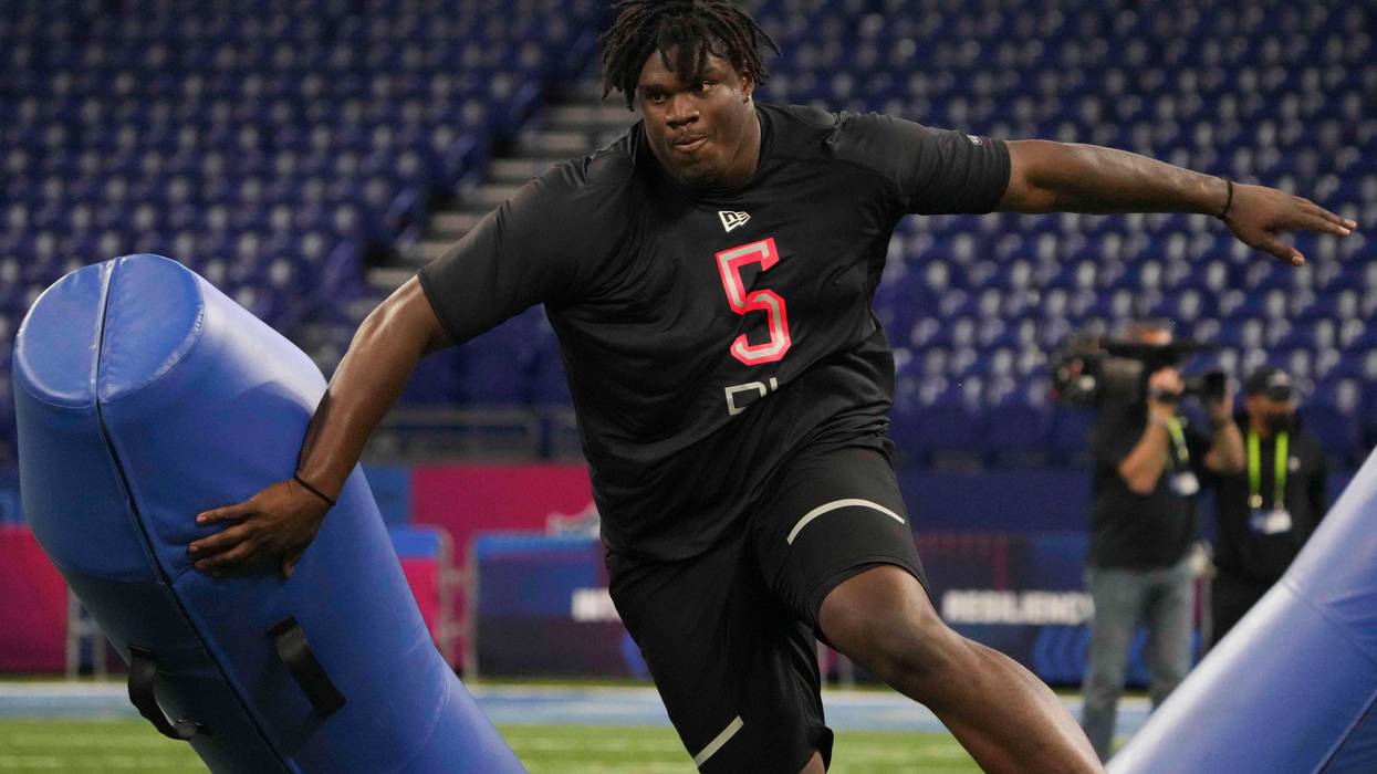 Georgia defensive lineman Jordan Davis (DL05) goes through drills during the 2022 NFL Scouting Combine at Lucas Oil Stadium.