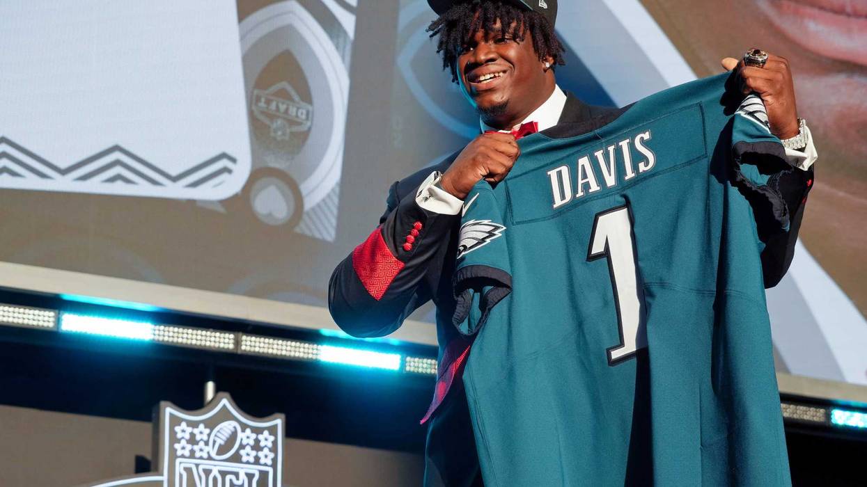 Georgia defensive tackle Jordan Davis after being selected as the thirteenth overall pick to the Philadelphia Eagles during the first round of the 2022 NFL Draft at the NFL Draft Theater.