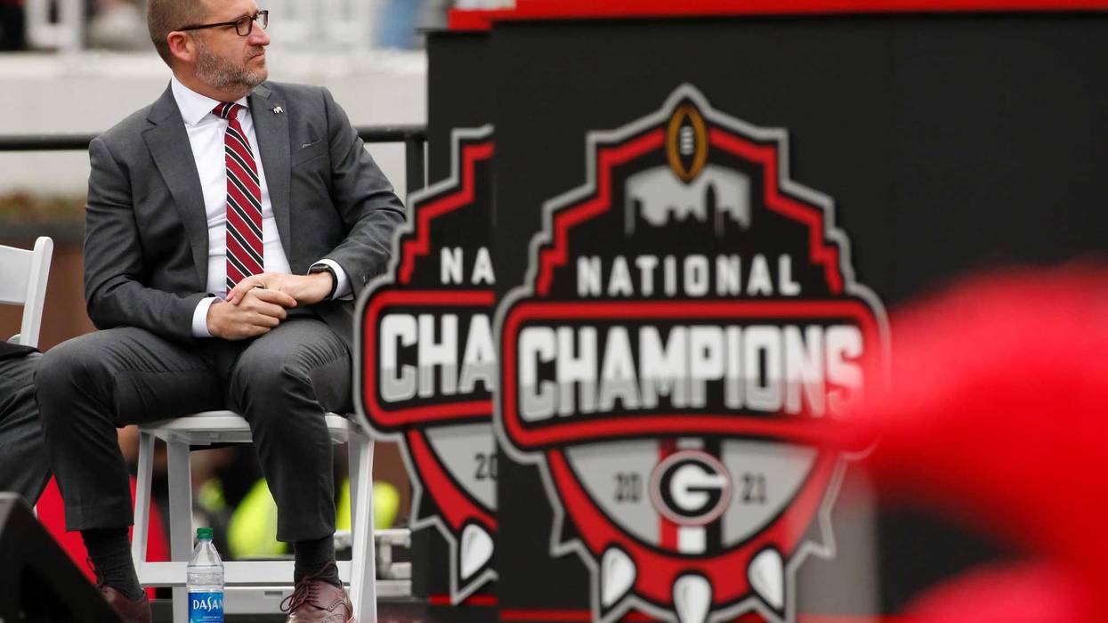 Georgia Director of Athletics Josh Brooks looks on during the national championship celebration at Sanford Stadium in Athens, Ga., on Saturday, Jan. 15, 2022
