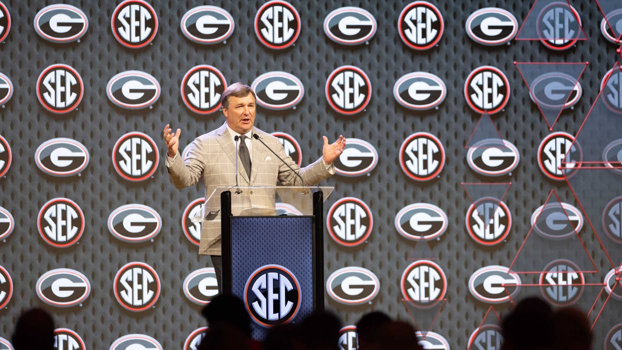Georgia head coach Kirby Smart speaking at Omni Dallas Hotel.