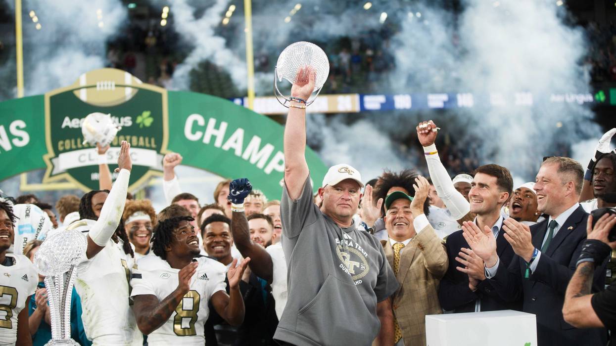 Georgia Tech head coach Brent Key celebrates after the win against Florida State at Aviva Stadium