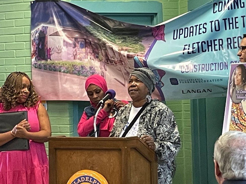 Geraldine Fletcher speaks at a ceremony dedicating the Tiffany Fletcher Recreation Center to the memory of her daughter who was killed there last year.
