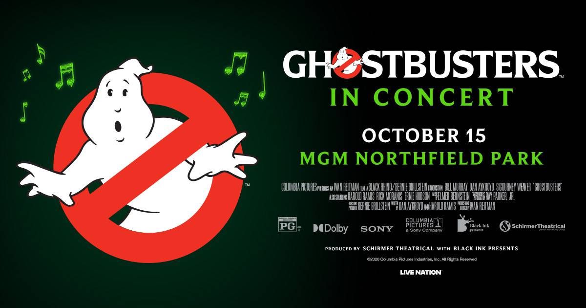 Ghostbusters In Concert poster with singing ghost logo, Oct 15 at MGM Northfield Park.