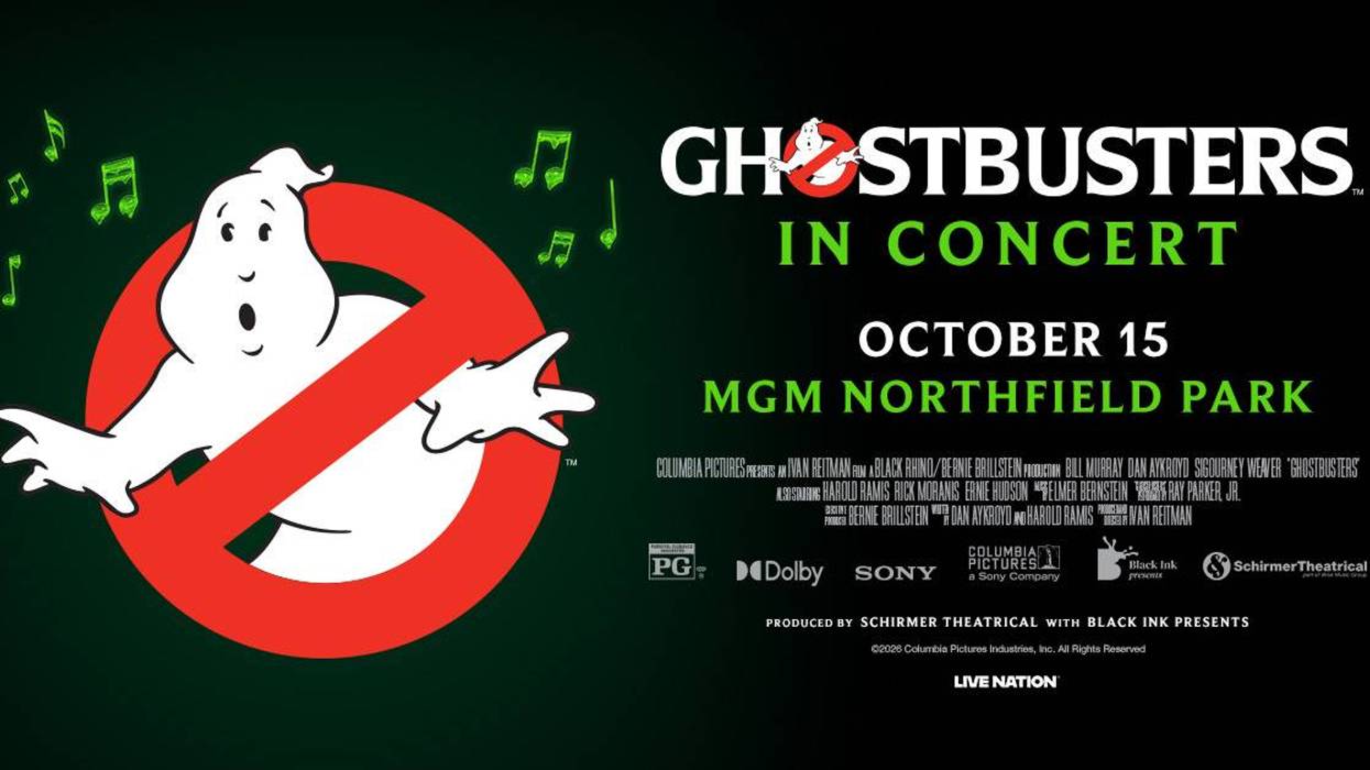 Ghostbusters In Concert poster with singing ghost logo, Oct 15 at MGM Northfield Park.