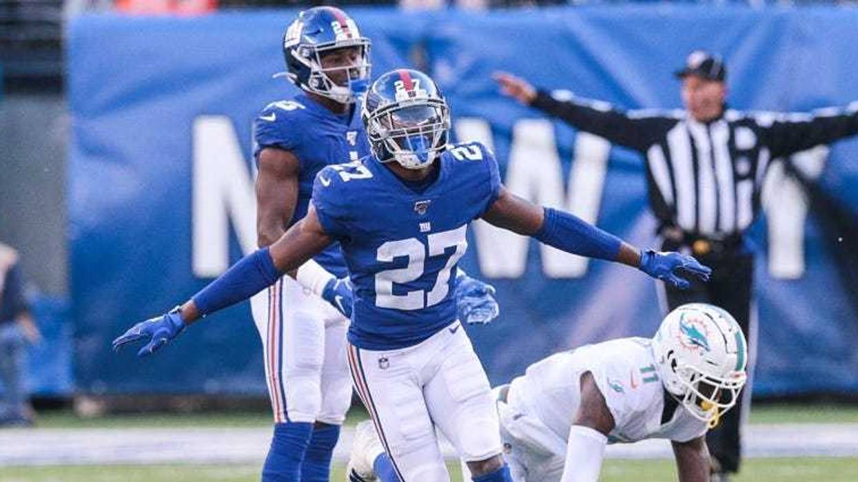 Giants cornerback B.W. Webb (23) reacts after intercepting a pass against the Tampa Bay Buccaneers on Nov. 18, 2018, at MetLife Stadium.