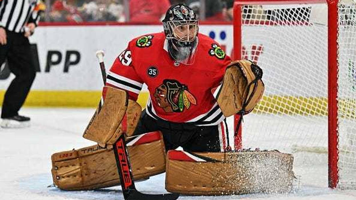 Goaltender Marc-Andre Fleury #29 of the Chicago Blackhawks defends the net against the Boston Bruins on March 15, 2022 at the United Center in Chicago, Illinois.
