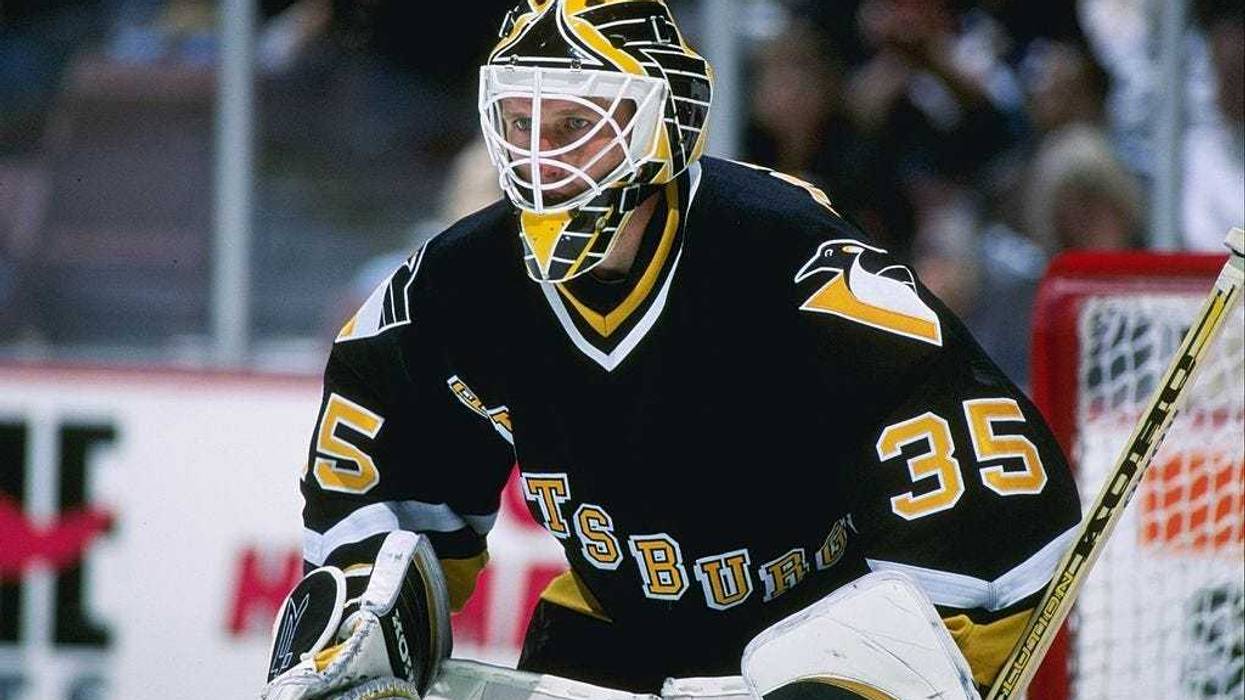 Goaltender Tom Barrasso of the Pittsburgh Penguins looks on during a game against the Anaheim Mighty Ducks at Arrowhead Pond