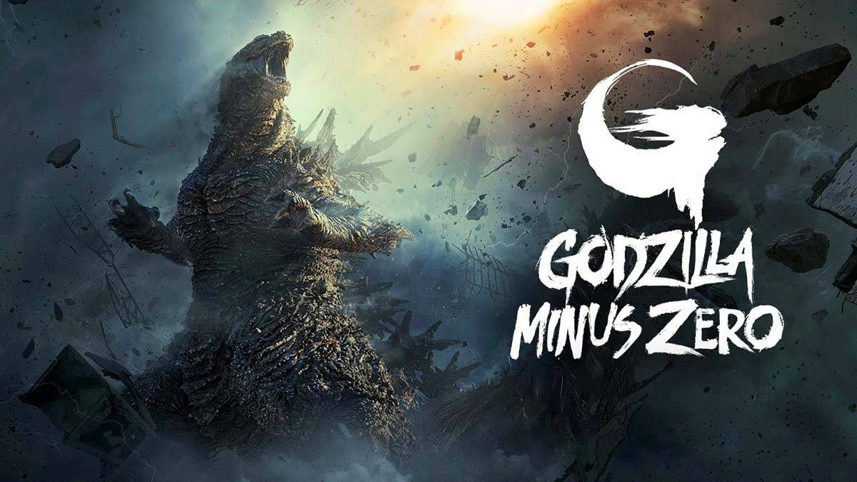 Godzilla Minus Zero poster: Godzilla roars, surrounded by a swirling storm of destruction.