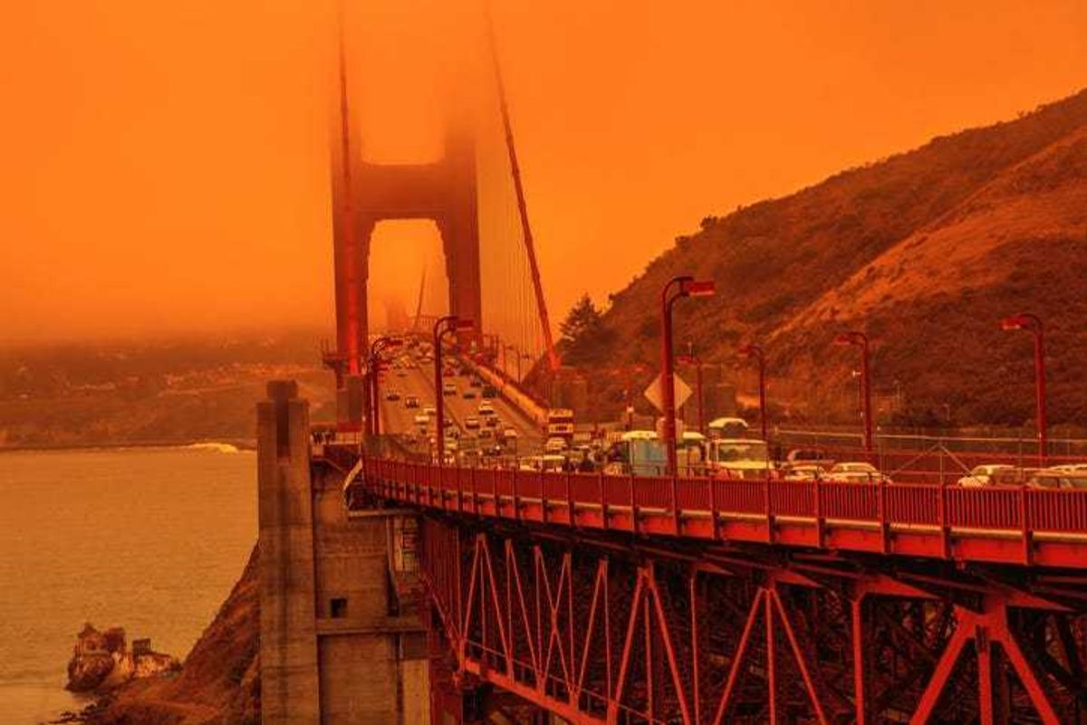 Golden Gate Bridge with haze from wildfires.
