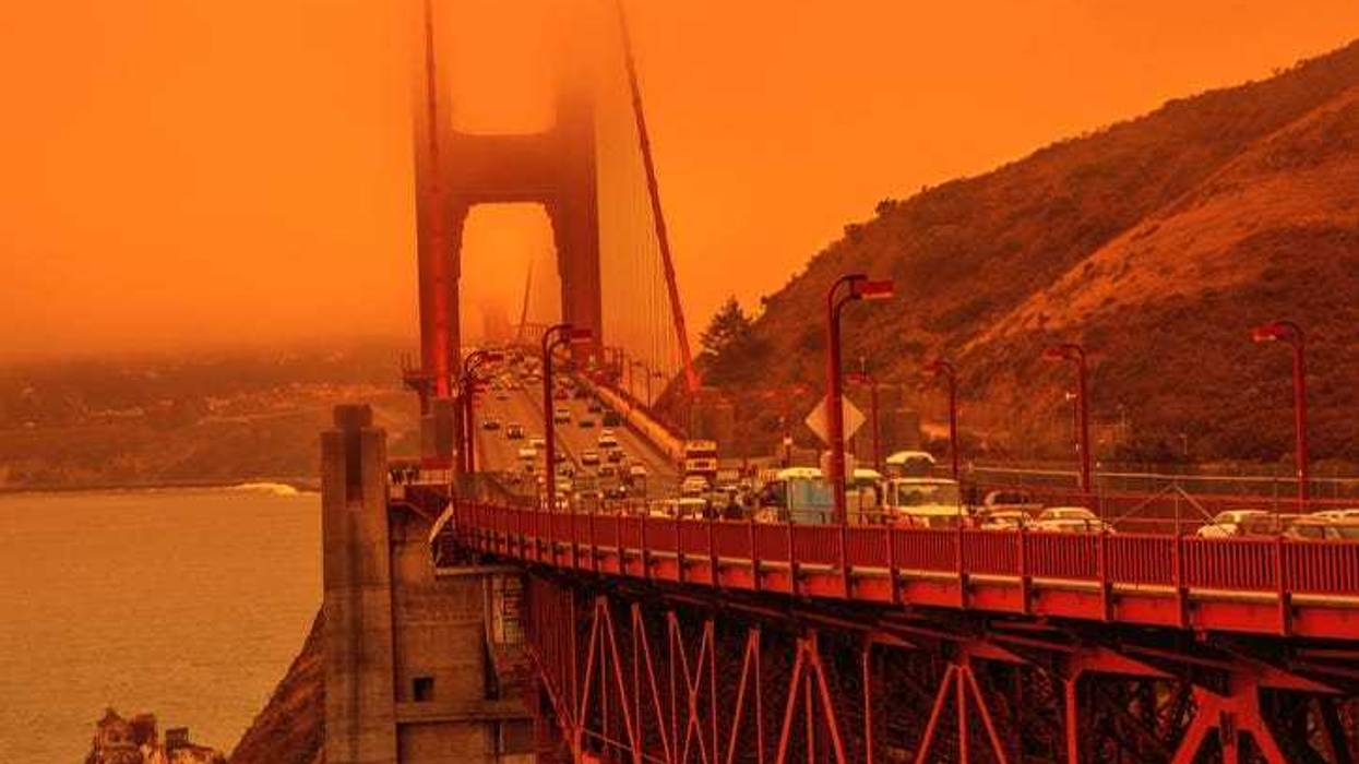 Golden Gate Bridge with haze from wildfires.