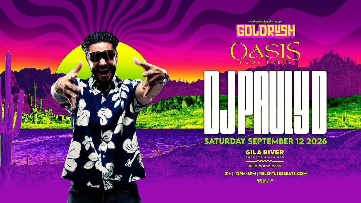 Goldrush Oasis Pool Party featuring DJ Pauly D on Sep 12, 2026. Vibrant desert theme.