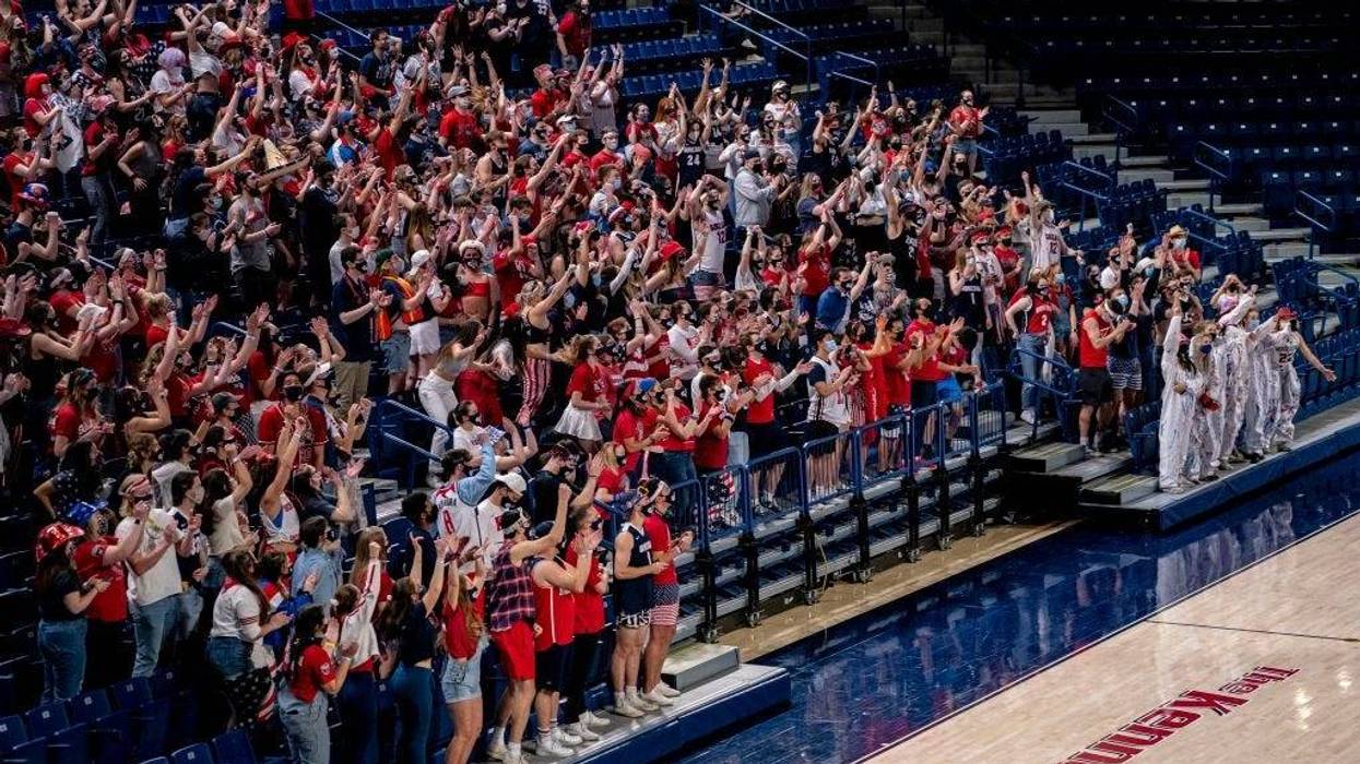 Gonzaga University students cheer during a watch party at the McCarthey Athletic Center at Gonzaga University on April 5, 2021 in Spokane, Washington.