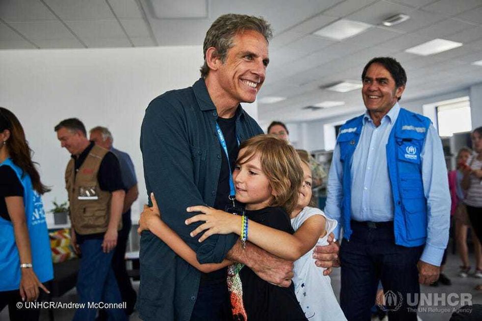 Goodwill Ambassador Ben Stiller meets with children at a UNHCR Protection Hub providing psycho-social support, child protection, and legal aid services.