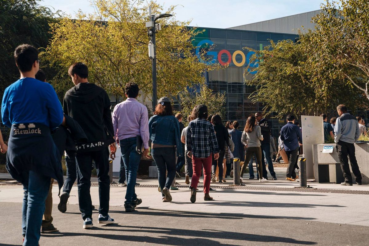 Google employees walk off the job to protest the company's handling of sexual misconduct claims, on November 1, 2018, in Mountain View, California.