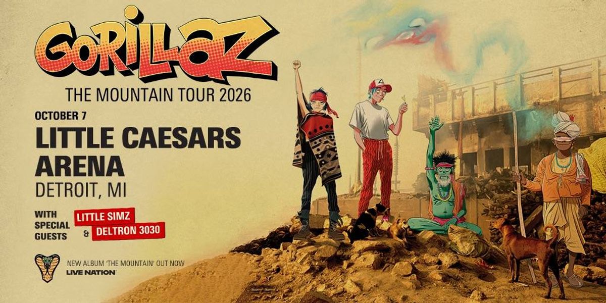 Gorillaz 'The Mountain Tour 2026' poster. Oct 7, Little Caesars Arena, Detroit, MI w/ guests.
