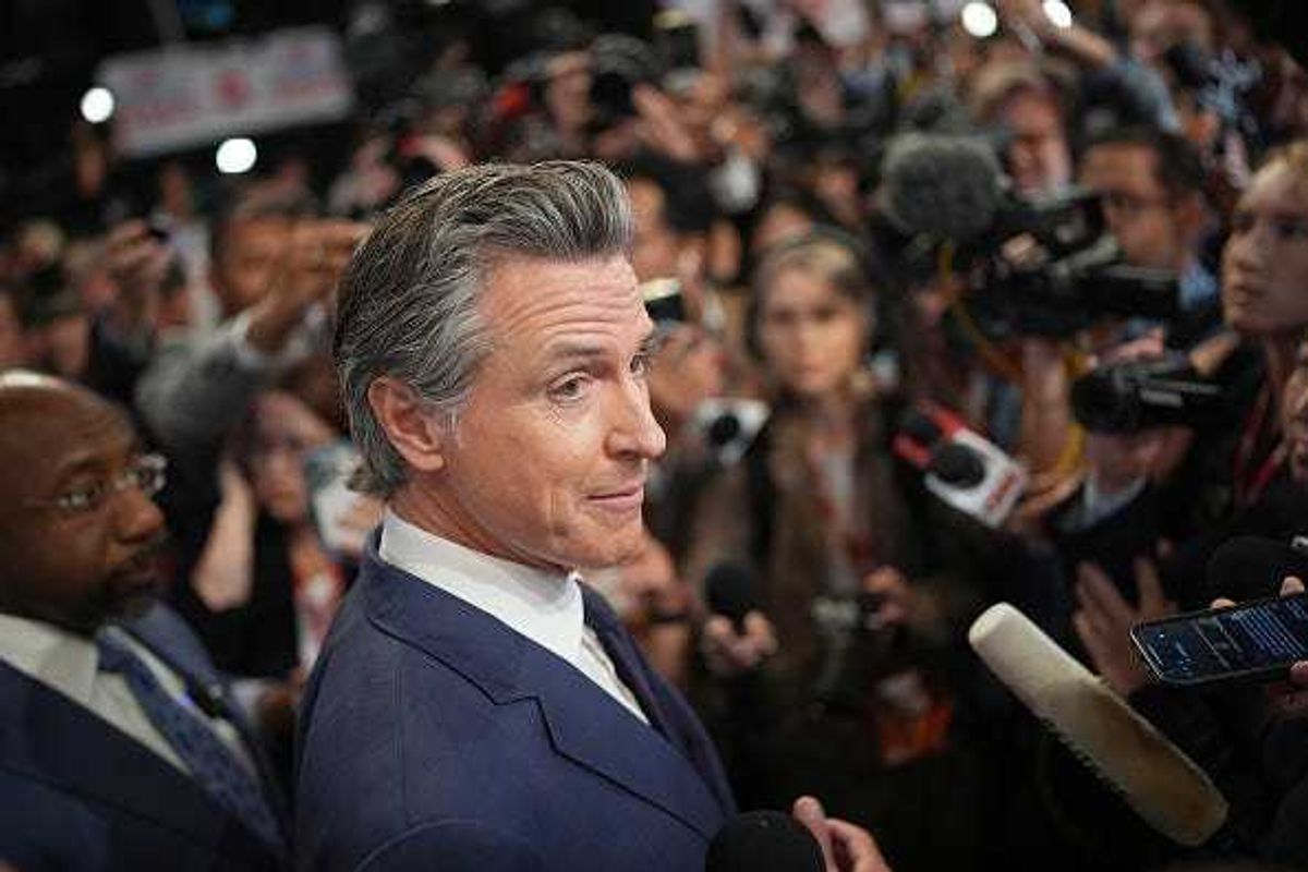 Gov. Gavin Newsom (D-CA) speaks to reporters in the spin room following the CNN Presidential Debate between U.S. President Joe Biden and Republican presidential candidate, former U.S. President Donald Trump at the McCamish Pavilion on the Georgia Institute of Technology campus on June 27, 2024 in Atlanta, Georgia.