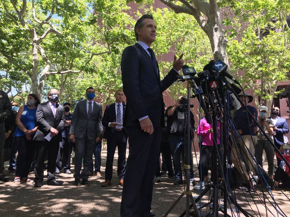 Gov. Gavin Newsom speaks to the media on Wednesday afternoon.