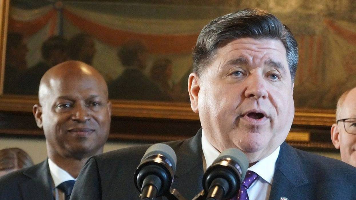Gov. JB Pritzker speaks at a news conference at the Statehouse in Springfield on April 8, 2025.