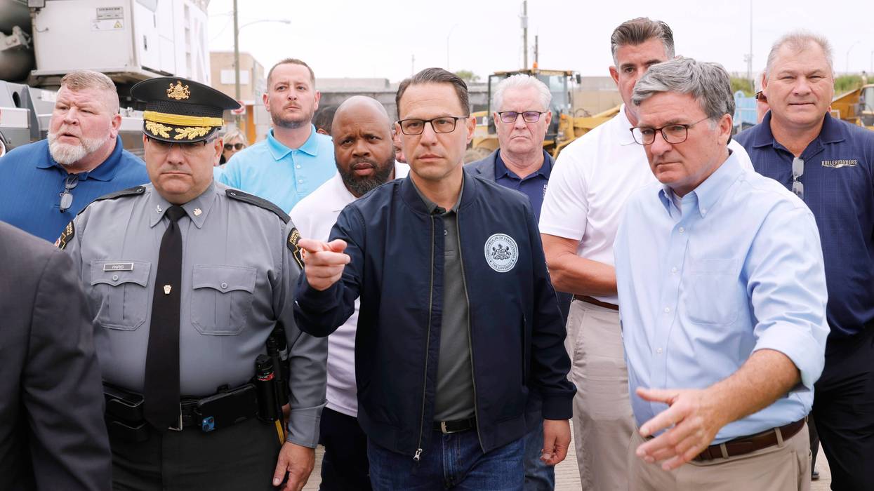 Gov. Josh Shapiro (center) and Pennsylvania Secretary of Transportation Mike Carroll (right) joined other officials on June 14 to announce the development of a plan to safely and quickly reopen I-95 after a section of it collapsed days earlier.
