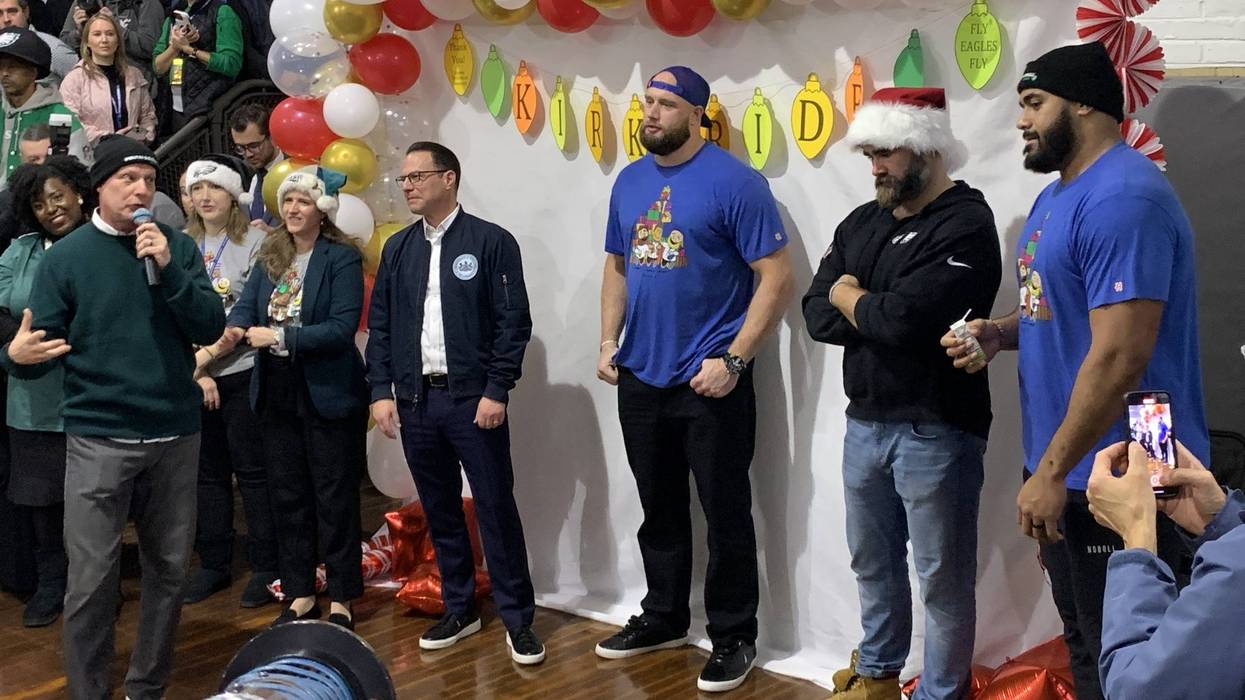 Gov. Josh Shapiro joins the "Philly Specials," Lane Johnson, Jason Kelce and Jordan Mailata, at Kirkbride Elementary School on Tuesday, Dec. 17.