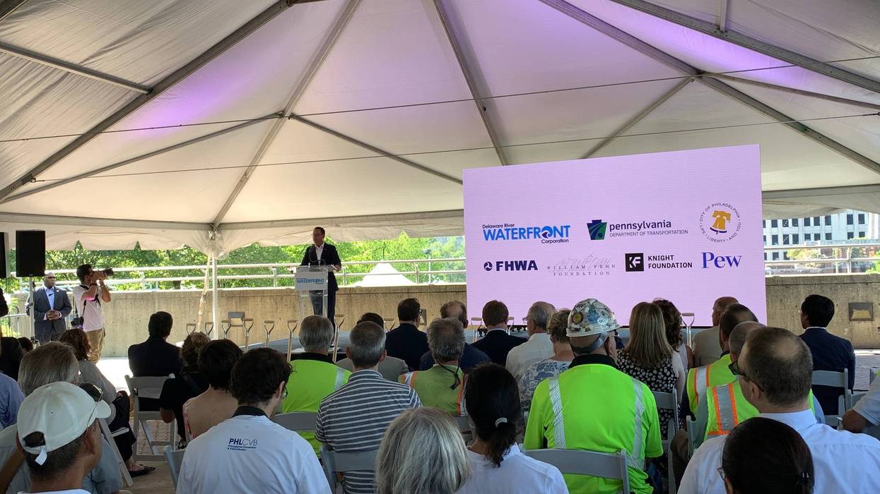 Gov. Josh Shapiro speaks during ceremony to kick off construction of a park over I-95 designed to reconnect the city with the Delaware River waterfront.
