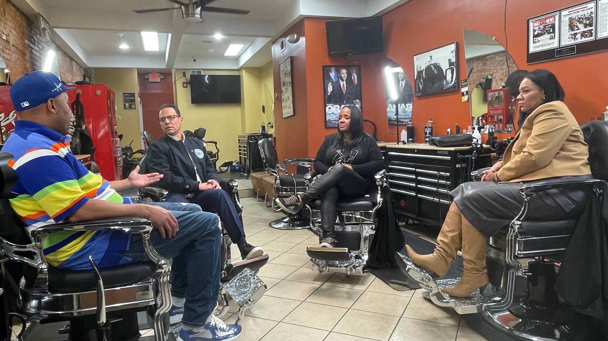 Gov. Josh Shapiro speaks with West Philly barbershop and salon owners about his recent executive order that streamlines the process by which business owners renew or obtain occupational licenses, Nov. 21, 2024.