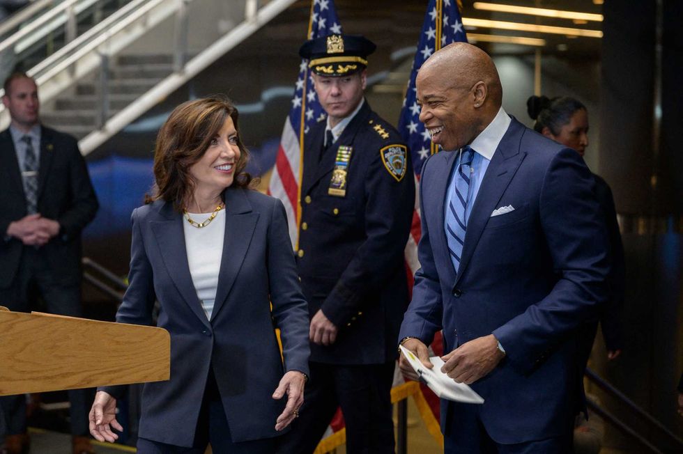Gov. Kathy Hochul and Mayor Eric Adams at a press conference on subway safety at the Fulton Transit Center on Jan 27, 2023, in Lower Manhattan